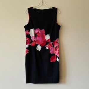 Sleeveless Black Midi Dress with Bright Pink Floral Pattern